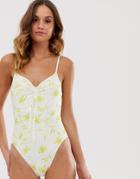 Unique21 Yellow Ditsy Palm Print Ruched Tie Front Swimsuit - Multi