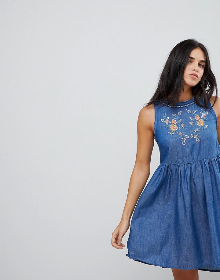 Lunik Denim Embroidered Swing Dress With Key Hole Back - Blue