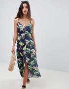 Asos Design Button Through Maxi Dress In Tropical Print - Multi