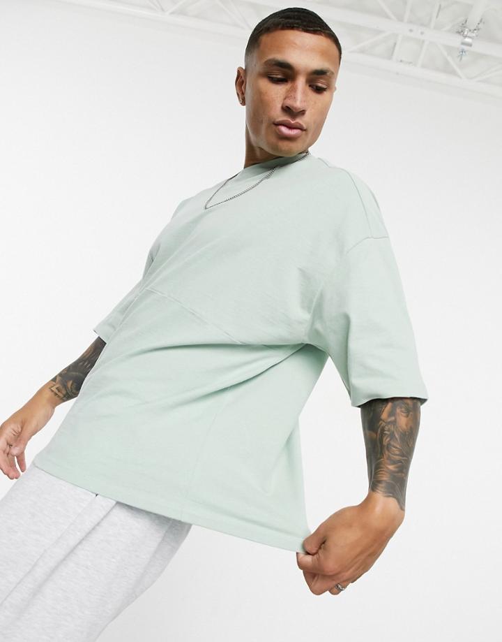 Asos Design Oversized Heavyweight Brushed Cut & Sew T-shirt With Chunky Ribbed Neck In Green