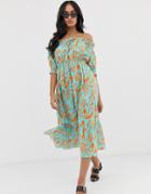Asos Design Off Shoulder Tiered Maxi Beach Dress In Blocked Green Tropical Floral - Multi