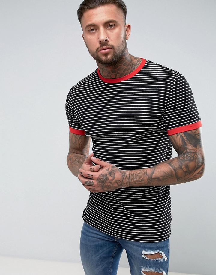 Asos Longline Muscle Stripe T-shirt In Rib With Contrast Ringer - Black