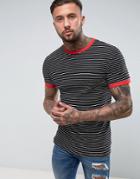 Asos Longline Muscle Stripe T-shirt In Rib With Contrast Ringer - Black