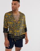 Asos Design Paisley Kimono With Wrap Around Fastening In Mustard - Yellow