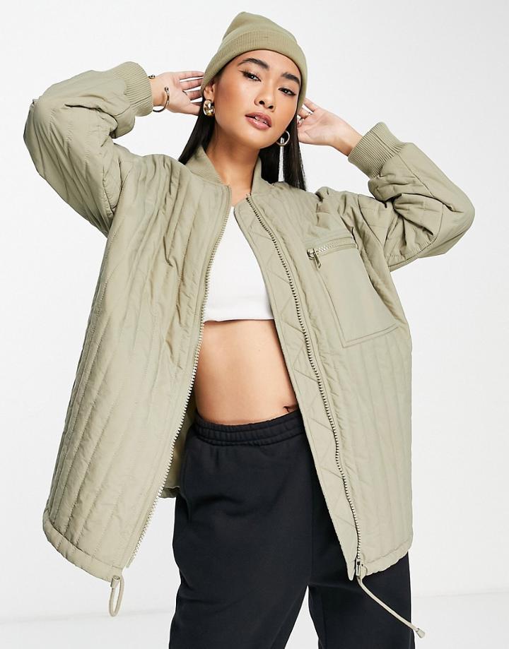Topshop Quilted Bomber Liner Jacket In Sage-green
