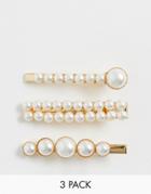 Asos Design Pack Of 3 Hair Clips In Mixed Pearl Shapes - Gold