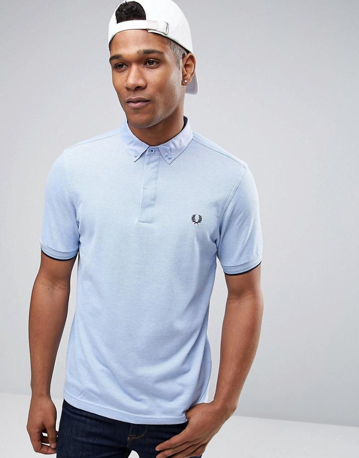 Fred Perry Slim Pique Polo Shirt Woven Buttondown Collar In Blue - Blu
