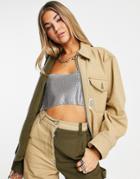 Topshop Half And Half Contrast Zip Through Jacket In Khaki And Camel - Part Of A Set-multi