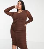 Asos Design Curve Mesh Midi Dress With Ruched Front In Dark Chocolate-brown