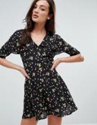 Fashion Union Plunge Front Dress In Ditsy Floral - Black