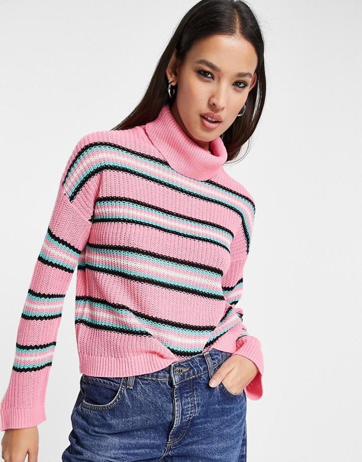 Only Roll Neck Sweater In Pink Stripe