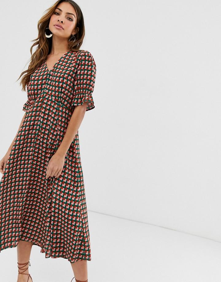 Y.a.s Geo Print Midi Dress With Deep V-neck