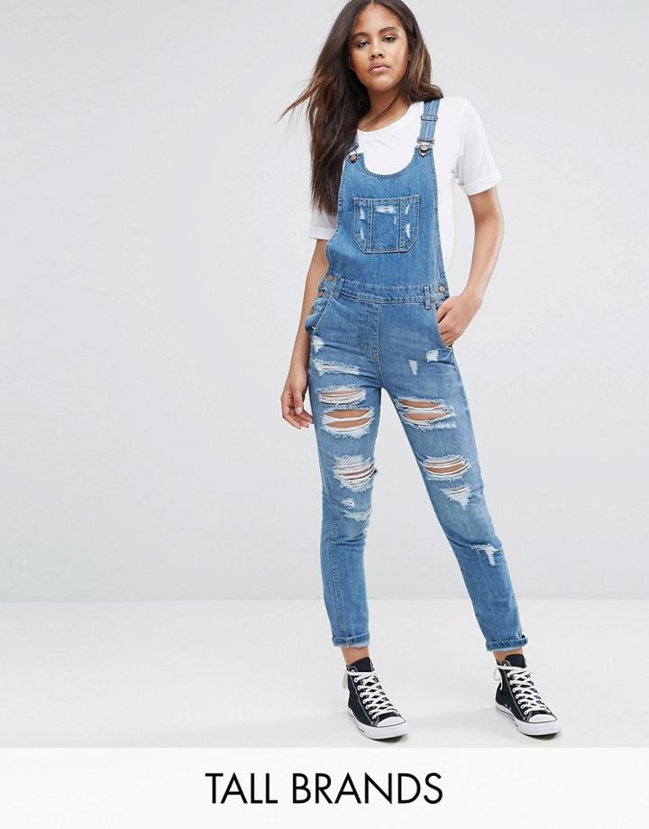 Parisian Tall Distressed Denim Overalls - Blue