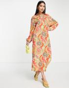 Vila Oversized Maxi Shirt Dress With Volume Sleeves In Bright Retro Floral Print-multi