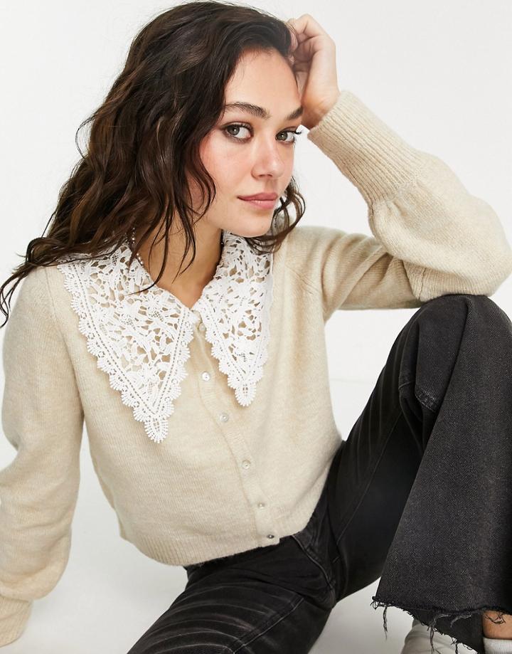 Only Collar Detail Cardigan In Beige-neutral