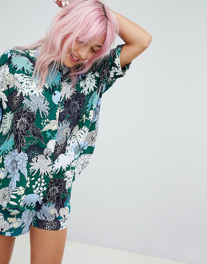 Monki Oversized Flower Print Blouse In Green Two-piece - Green