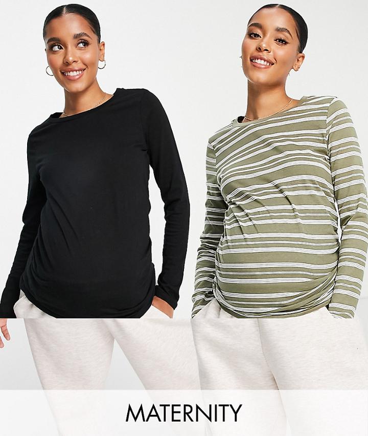 River Island Maternity 2 Pack Striped Long Sleeve T-shirt In Khaki And Black-green