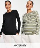River Island Maternity 2 Pack Striped Long Sleeve T-shirt In Khaki And Black-green