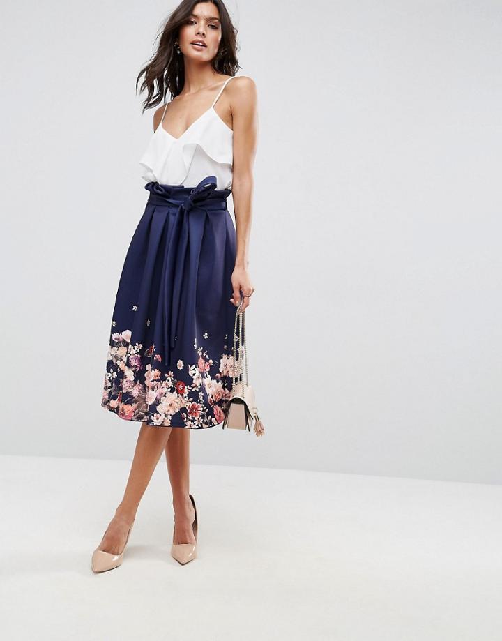 Asos Scuba Prom Skirt With Paperbag Waist In Floral Border Print - Multi