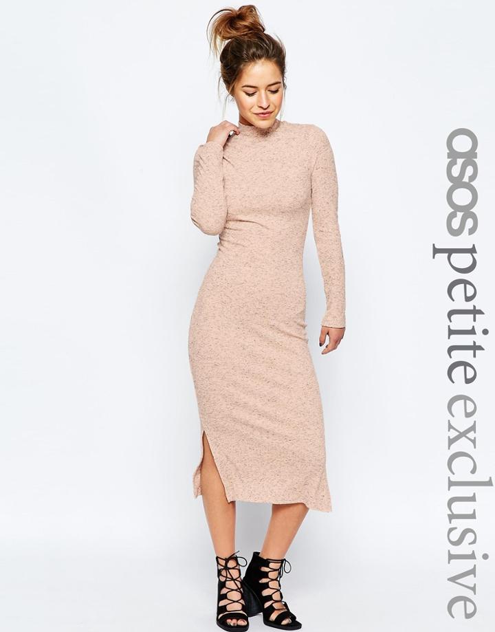 Asos Petite Rib Midi Body-conscious Dress With High Neck - Gray