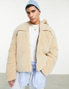 Asos Design Cropped Fleece Puffer Jacket With Back Embroidery In Stone-neutral
