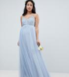 Asos Design Maternity Bridesmaid Lace And Dobby Cami Bodice Maxi Dress - Blue
