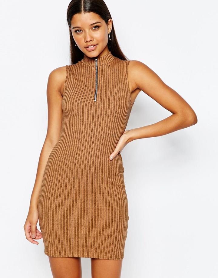 Lipsy Ribbed Body-conscious Dress With Zip - Camel