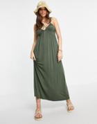 Asos Design Cupped Detail Maxi Dress In Khaki-green