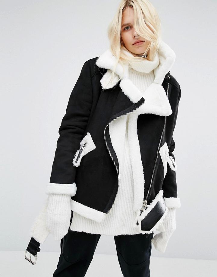 Story Of Lola Longline Aviator Jacket In Faux Shearling - Black
