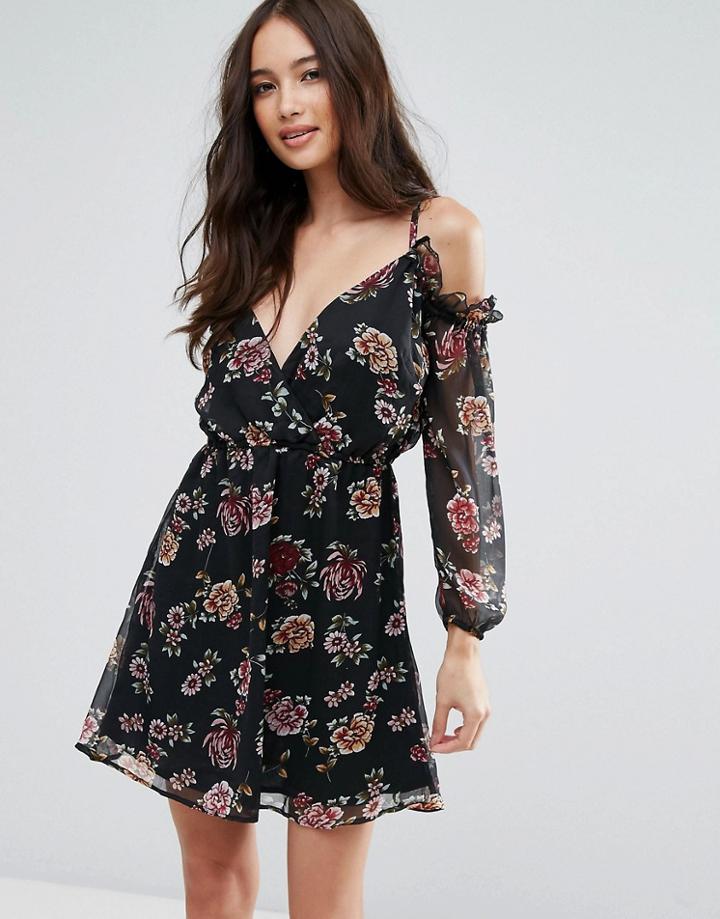 Influence Cold Shoulder Floral Ruffle Dress - Black