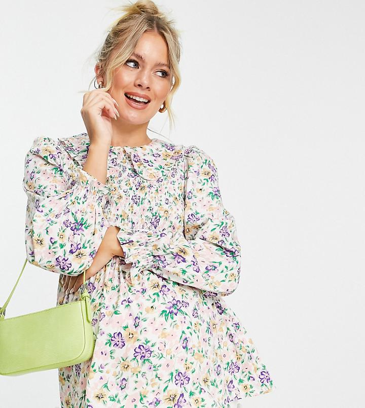 Pieces Maternity Oversized Collar Smock Shirt In White Floral-multi