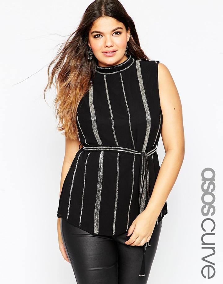 Asos Curve High Tunic With Open Back In Sequin Stripe - Multi