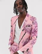 Twisted Tailor Skinny Linen Suit Jacket With Floral Print-pink