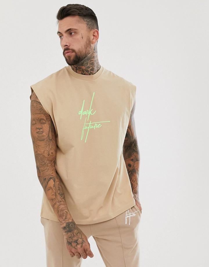 Asos Design Oversized Sleeveless T-shirt With Dark Future Logo - Brown
