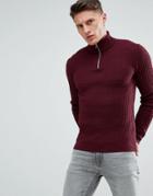 Asos Design Textured Half Zip Sweater In Burgundy - Red