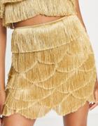 Asos Design Mini Skirt With Fringe Layered Detail In Gold - Part Of A Set