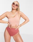 Asos Design Asymmetric Loop Cut Out Swimsuit In Tonal Color Block-orange