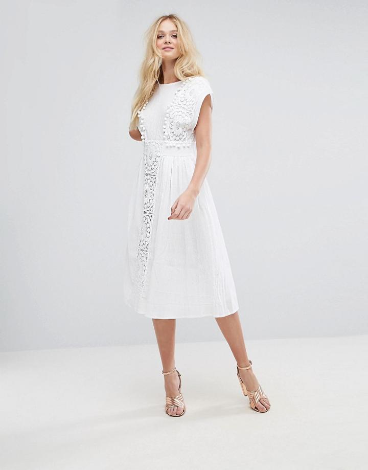 Asos Lace Insert Midi Dress With Pom Pom Trim - White