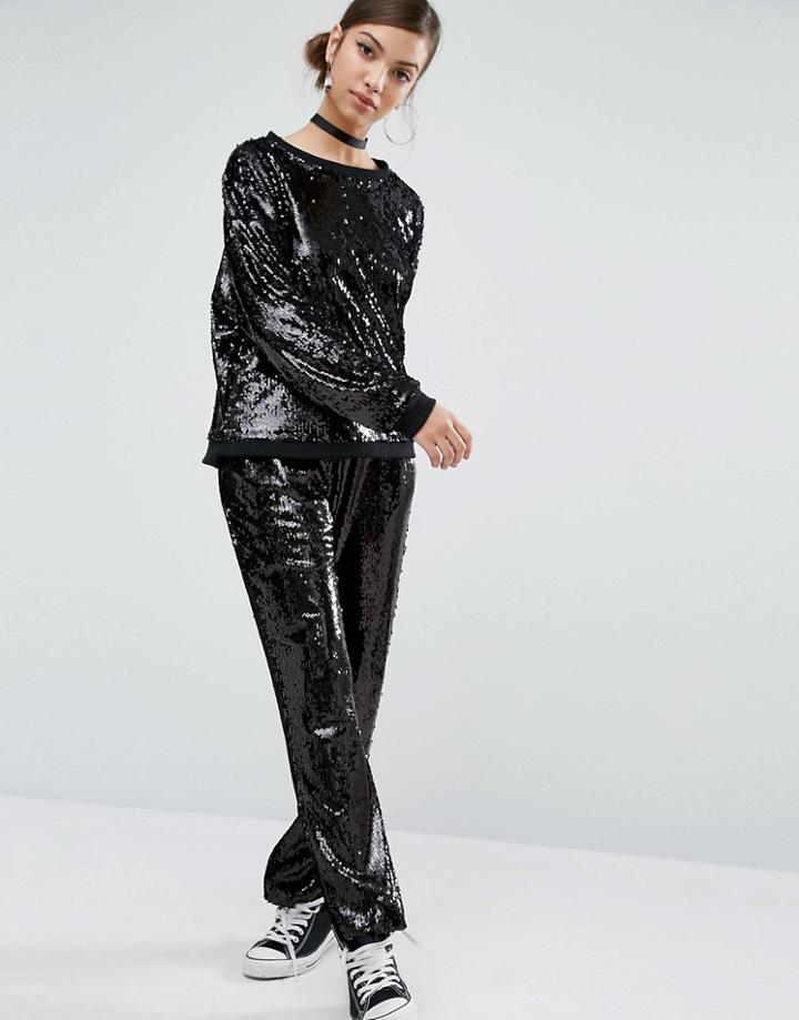 Daisy Street Wide Leg Pants In Sequin - Black