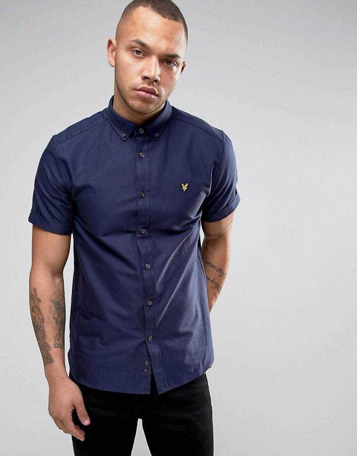 Lyle & Scott Oxford Shirt Short Sleeve Buttondown Regular Fit Eagle Logo In Navy - Navy