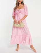 River Island Shirred Smock Midi Beach Dress In Light Pink