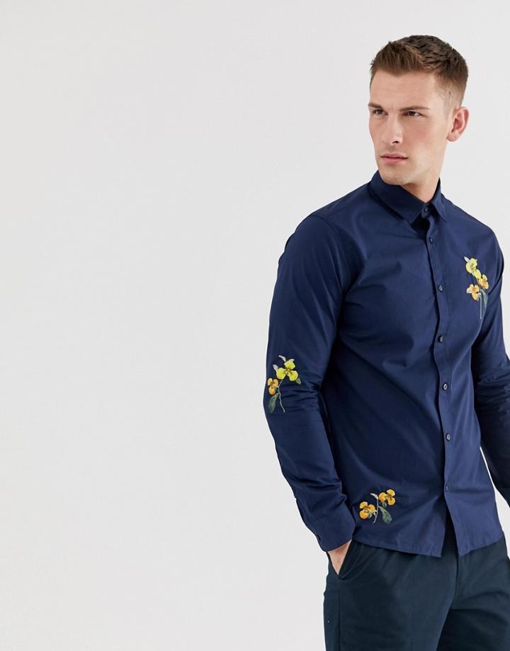 Selected Homme Regular Fit Shirt With Floral Embroidery In Navy - Navy