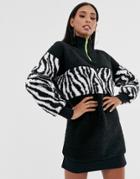 Asos Design Zip Neck Borg Hoodie Dress With Zebra Print Panel