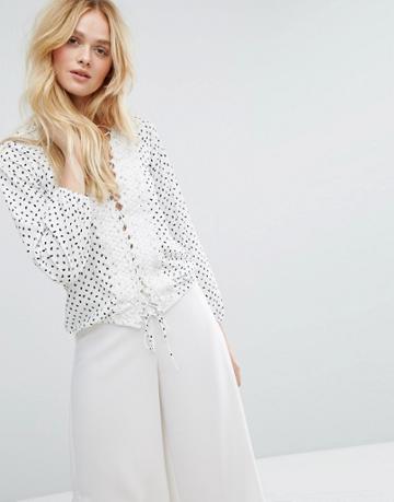Aeryne Lace Up Front Blouse In Dot Print - Multi