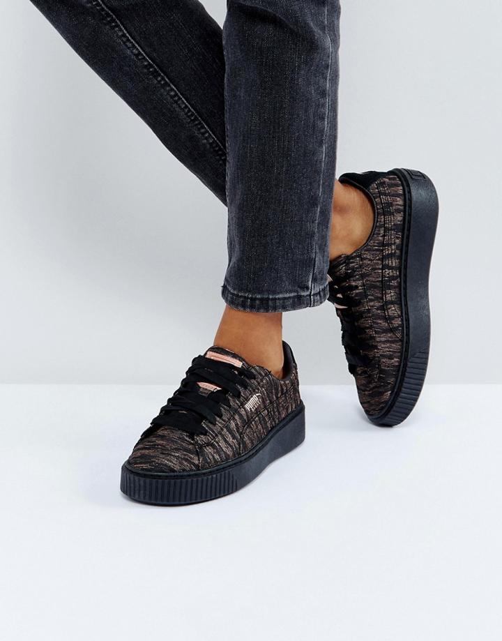 Puma Metallic Print Basket Platform Sneakers In Black - Black
