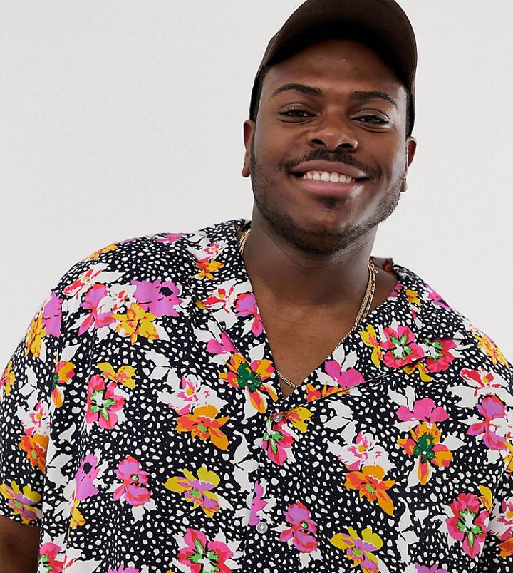 Asos Design Plus Oversized Floral Spot Shirt With Deep Revere - Black