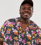 Asos Design Plus Oversized Floral Spot Shirt With Deep Revere - Black