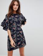 Parisian Floral Shift Dress With Flare Sleeve - Navy