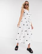 Asos Design Button Front Smock Jumpsuit In White And Black Spot-multi