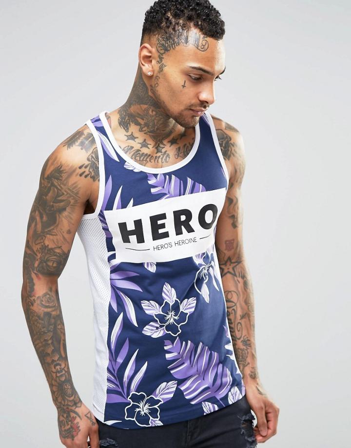 Hero's Heroine Tank With Floral Print - Navy